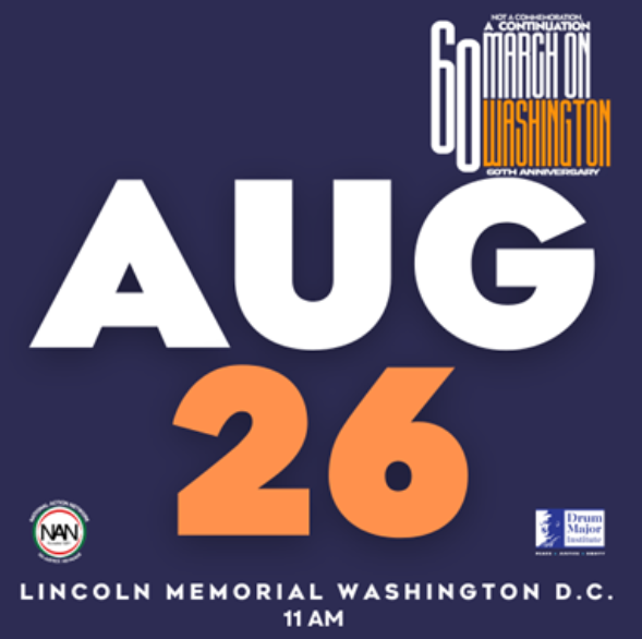 Graphic includes a dark blue background with white and orange text reads “Aug 26th” with text below it that reads “Lincoln Memorial Washington D.C. 11 AM”