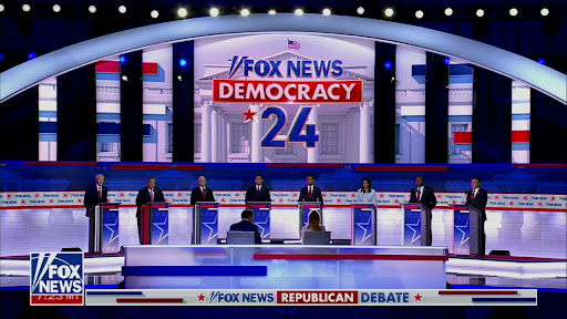 Image from Fox News airing of the Republican Debate. Candidates standing at podiums.