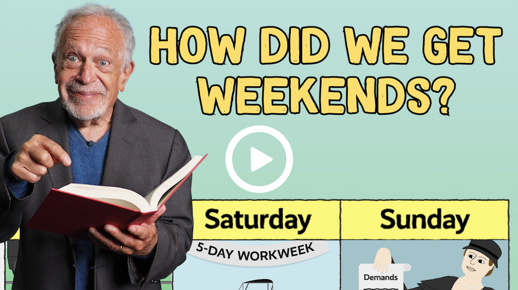 Photo: Reich reading a book Text: How did we get weekends?