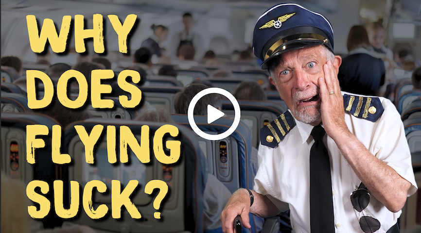 Photo: Reich dressed as an airline pilot; Text: Why does flying suck?