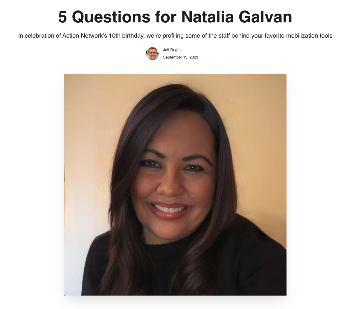 A screenshot of the blog header including the title "5 Questions for Natalia Galvan" and a photo of Natalia
