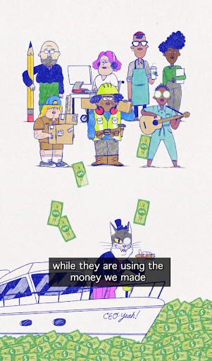 Screencap from the Labor Day video showing cartoon workers and a fat cat on a yacht sailing thorugh a pile of money. Caption reads "while they are using the money we made"