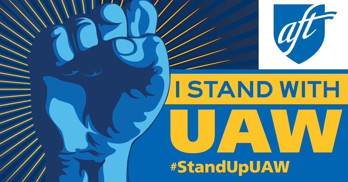 Graphic with blue raised fist saying "I stand with UAW."