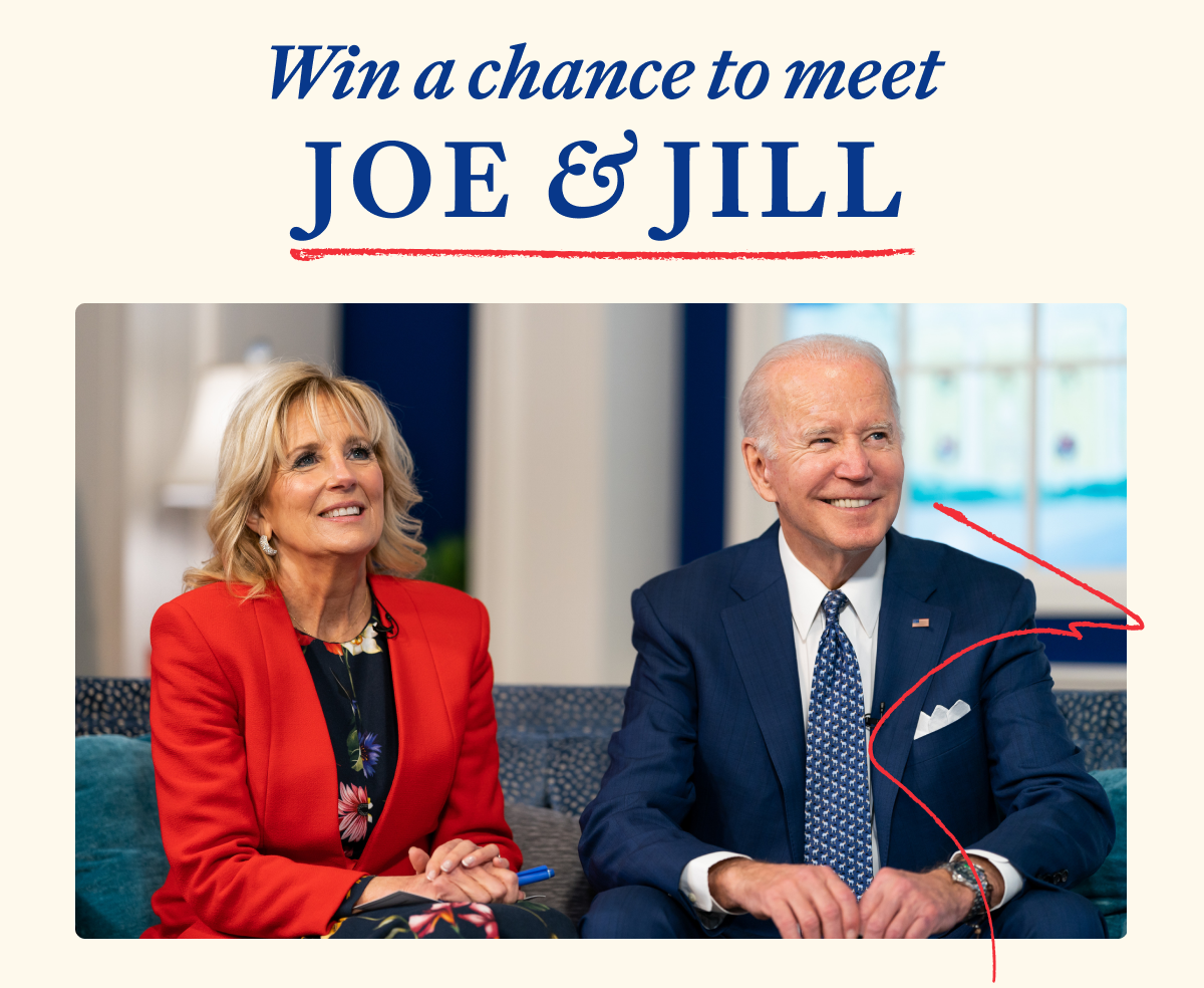 Win a chance to meet Joe & Jill (Joe and Jill on couch) red button: make a donation