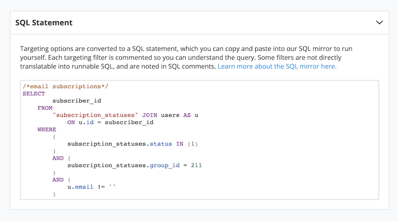 A screenshot of a SQL statement within the Action Network interface