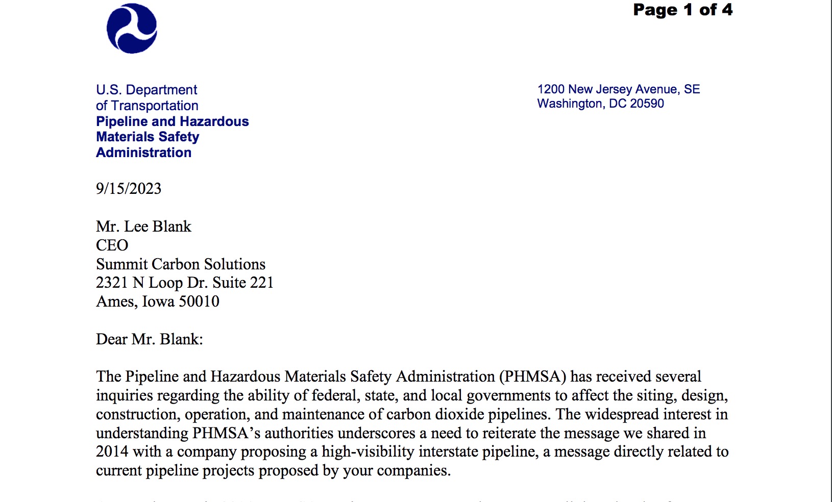 PHMSA Letter to CO2 Pipeline Companies (9/15/23)