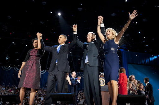 Then President-elect Obama with Michelle, Joe, and Jill celebrating Obama's 2008 victory.