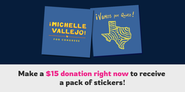 Two blue stickers are shown, one with Michelle's logo, one with an outline of Texas and the words 