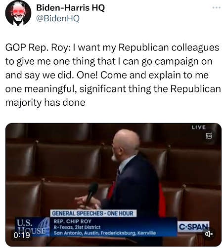 Biden-Harris HQ tweet about Rep. Roy.