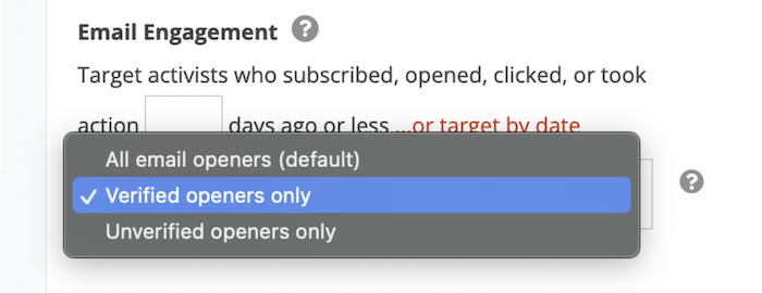 A screenshot of the Email Engagement targeting field with the displayed option 'Verified openers only'