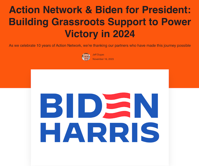 A screenshot of the title of the blog post entitled "Action Network & Biden for President: Building Grassroots Support to Power Victory in 2024"