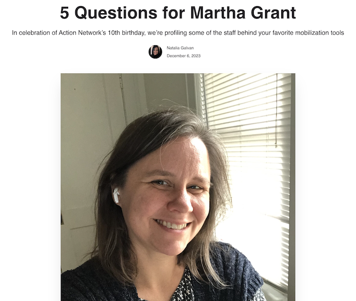 A photo of Martha with the title, "5 Questions for Martha Grant"