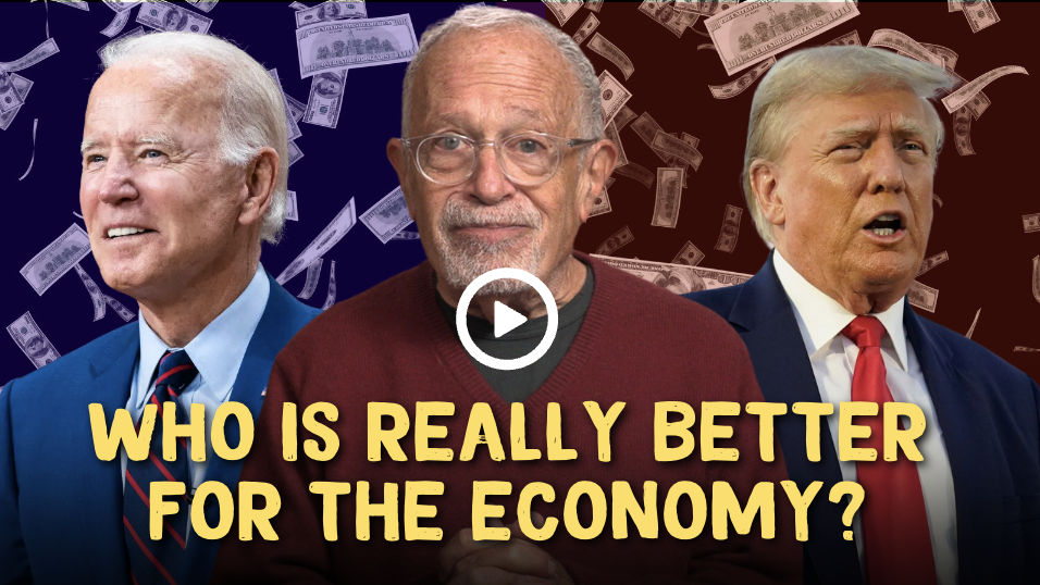 Image of Biden vs. Trump with Robert Reich in the middle asking: Who is really better for the economy?