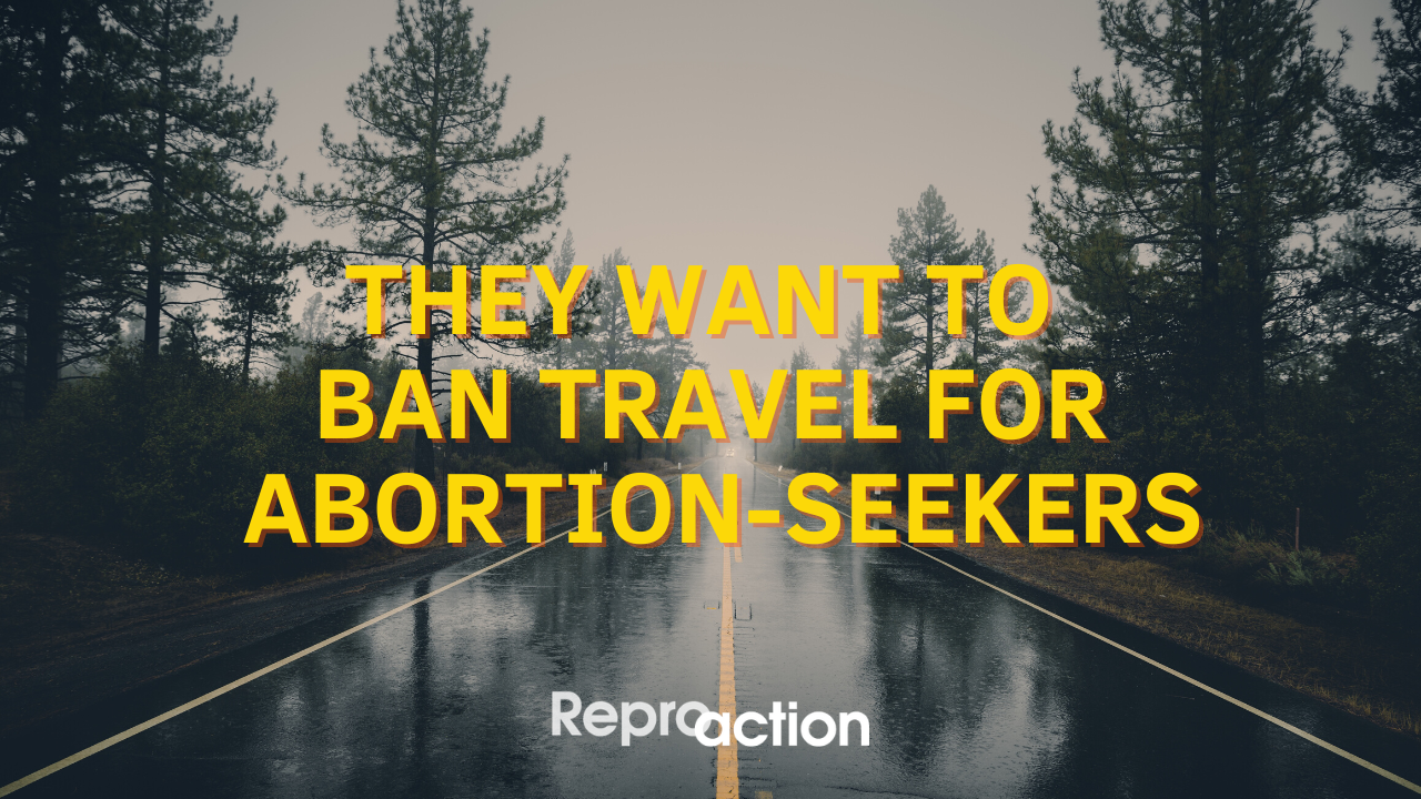 A background with a road and trees in the fog reads “They want to ban travel for abortion-seekers” in yellow, below this is the Reproaction logo in white.