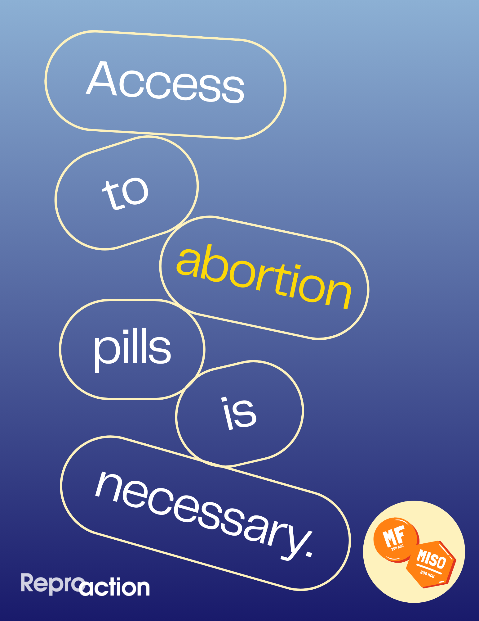 A blue and white background reads “access to abortion pills is necessary.” On the left is the Reproaction logo in white and on the right are an animated version of the mifepristone and misoprostol pills.