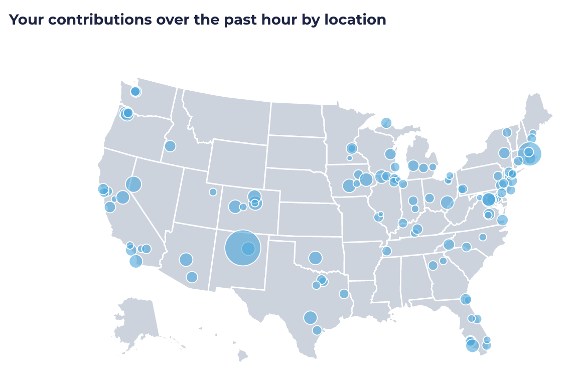 ActBlue map showing donations to the Biden-Harris campaign over the last hour