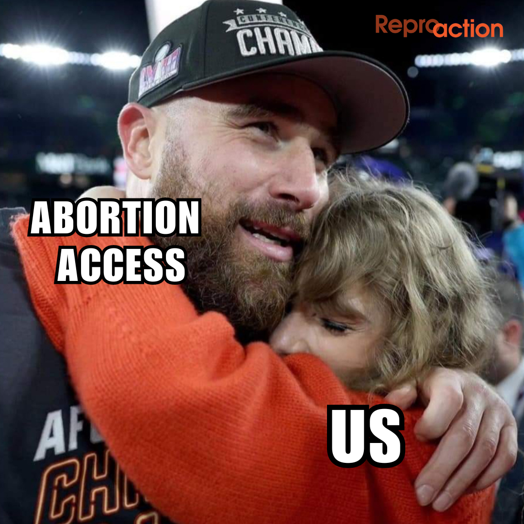 A photo of Travis Kelce hugging Taylor Swift. Kelce is labeled Abortion Access and Swift is labeled Us.