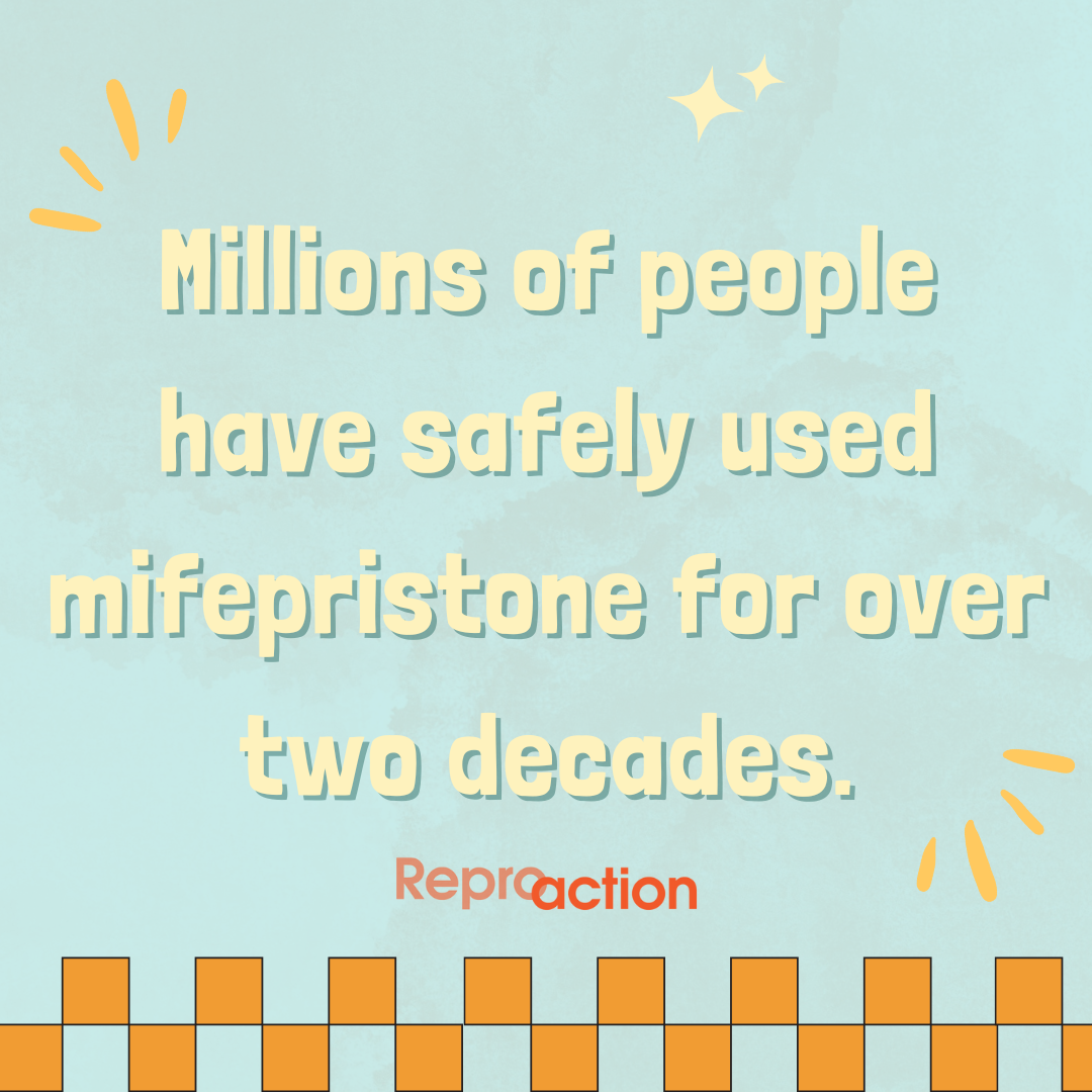 A light blue background with orange checkered tiles at the bottom reads “millions of people have safely used mifepristone for over two decades.”