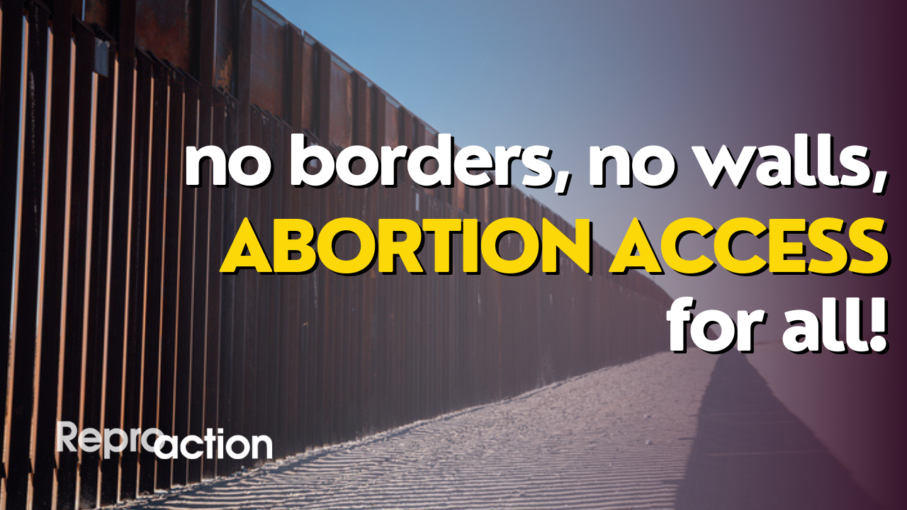 A picture of the border wall has text in front of it that reads “no borders, no walls, abortion access for all!” The Reproaction logo is on the left of this in white text.