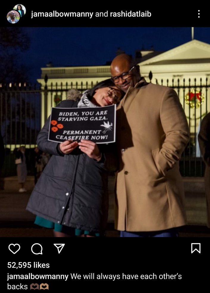 Photo of Jamaal Bowman and Rashida Tlaib from Instagram. They stand together as Rashida holds a sign reading 