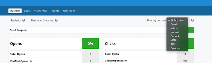 A screenshot of 'Filter email stats by domain' showing the dropdown on the email statistics page