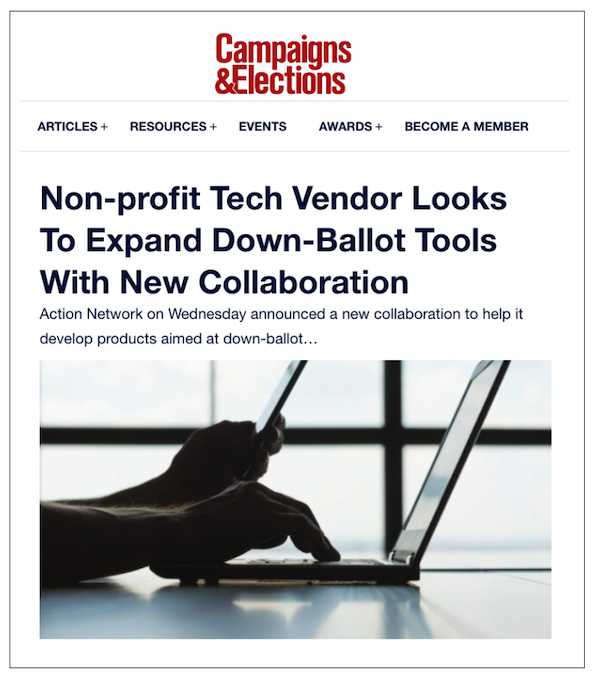 A screenshot of the front page of Campaigns & Elections showing the title, "Non-profit Tech Vendor Looks To Expand Down-Ballot Tools With New Collaboration"