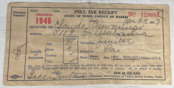 Photo of a Poll Tax Receipt for Claude Cummings