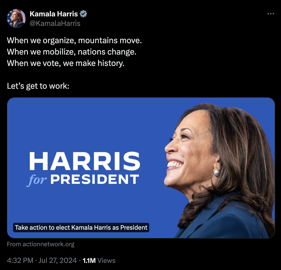 A screenshot of a Kamala Harris tweet linking to an Action Network fundraising form.