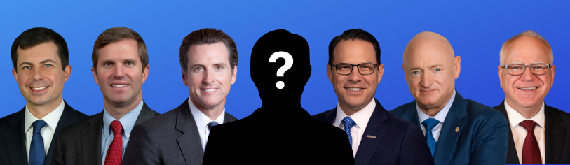 From left: Pete Buttigieg, Andy Beshear, Gavin Newsom, a figure with a question mark in the middle, Josh Shapiro, Mark Kelly, Tim Walz