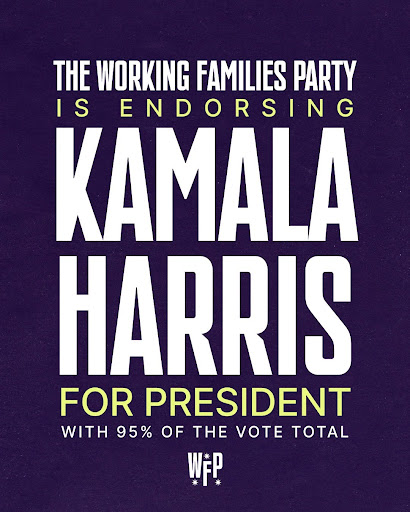 The Working Families Party is endorsing Kamala Harris for President with 95% of the vote.