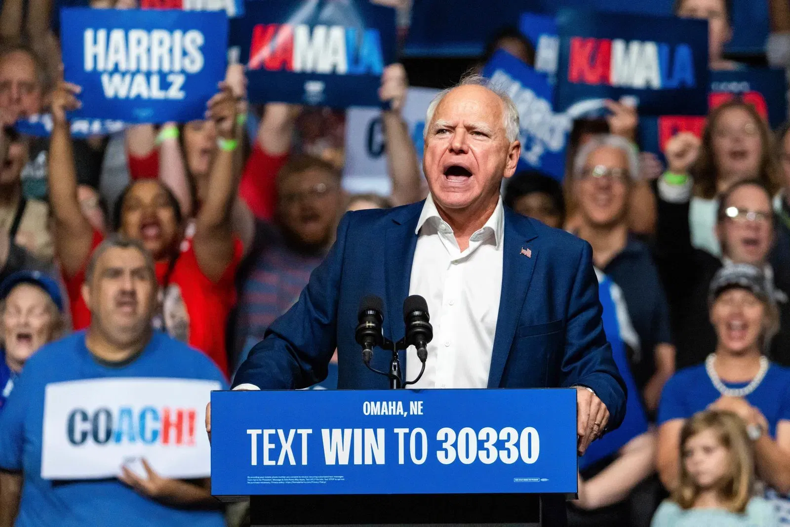 Democratic vice presidential nominee Minnesota Gov. Tim Walz speaks at a campaign rally, Saturday, Aug. 17, 2024, at The Astro in La Vista, Neb. 