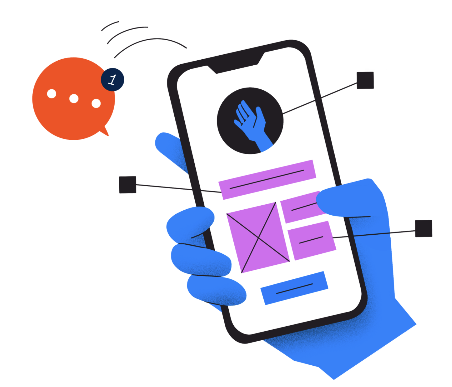 An illustration of a hand holding a mobile phone.