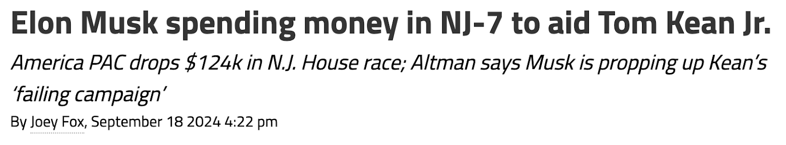 Elon Musk spending money in nJ-7 to aid Tom Kean Jr. America PAC drops $124K in NJ House race: Altman says Musk is propping up Kean's 'failing campaign'