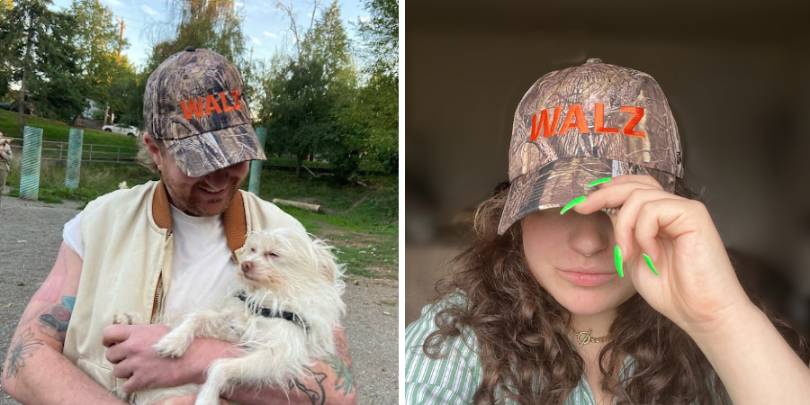Two people and a dog in camo hats that say WALZ in orange font