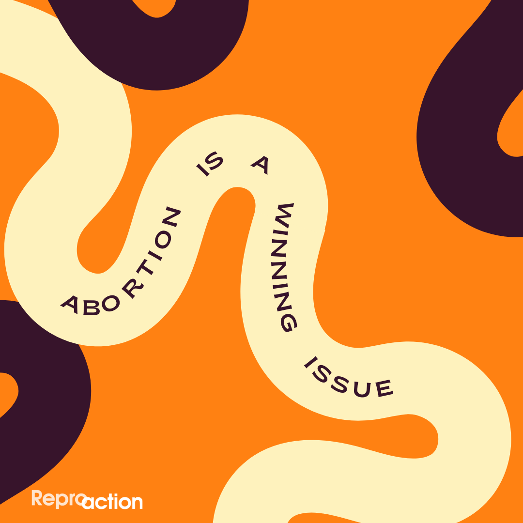 An orange background with swirls on it reads “abortion is a winning issue” below this is the Reproaction logo in white.