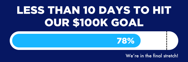 76% towards our goal, text reading LESS THAN 10 DAYS TO HIT OUR 100K GOAL