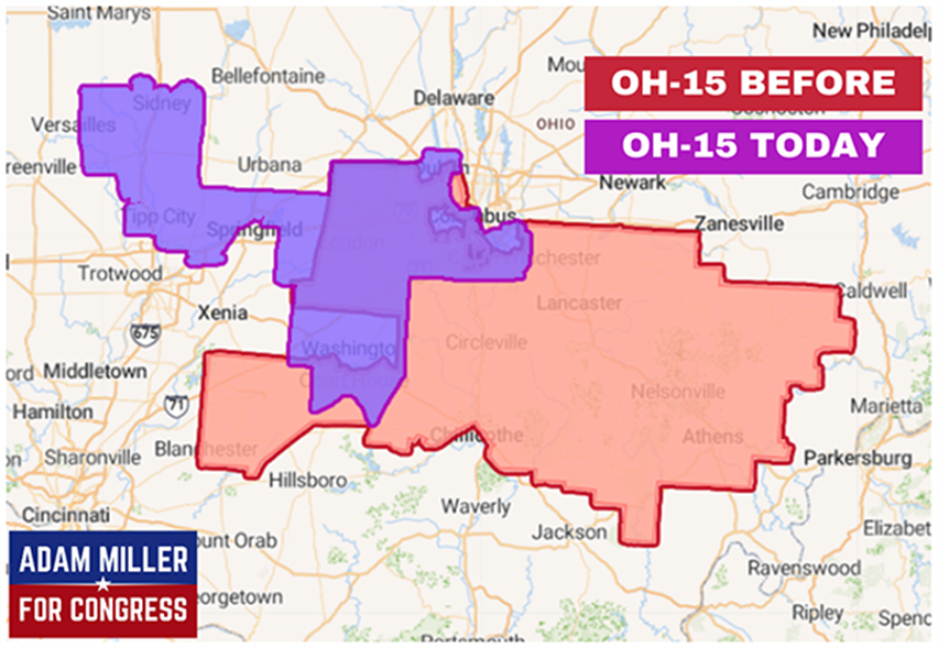 Map of OH-15 showing the difference between the redrawn district lines in 2022 and 2024 with Adam Miller for Congress Logo