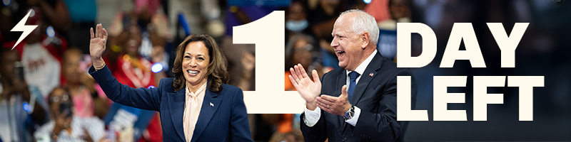 Kamala Harris and Tim Walz at a rally with text that reads 1 day left