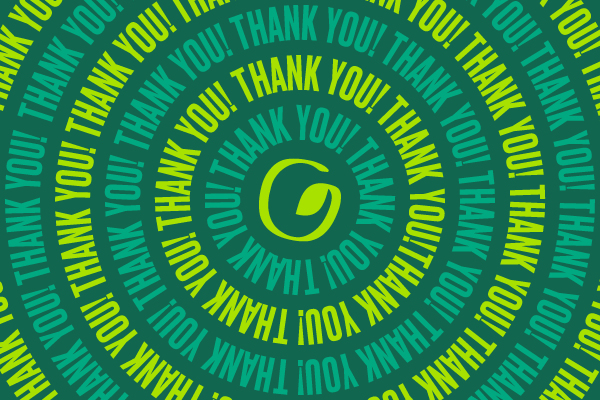 Circular graphic showing the words thank you written in dark green and light green with GiveGreen G logo in the middle