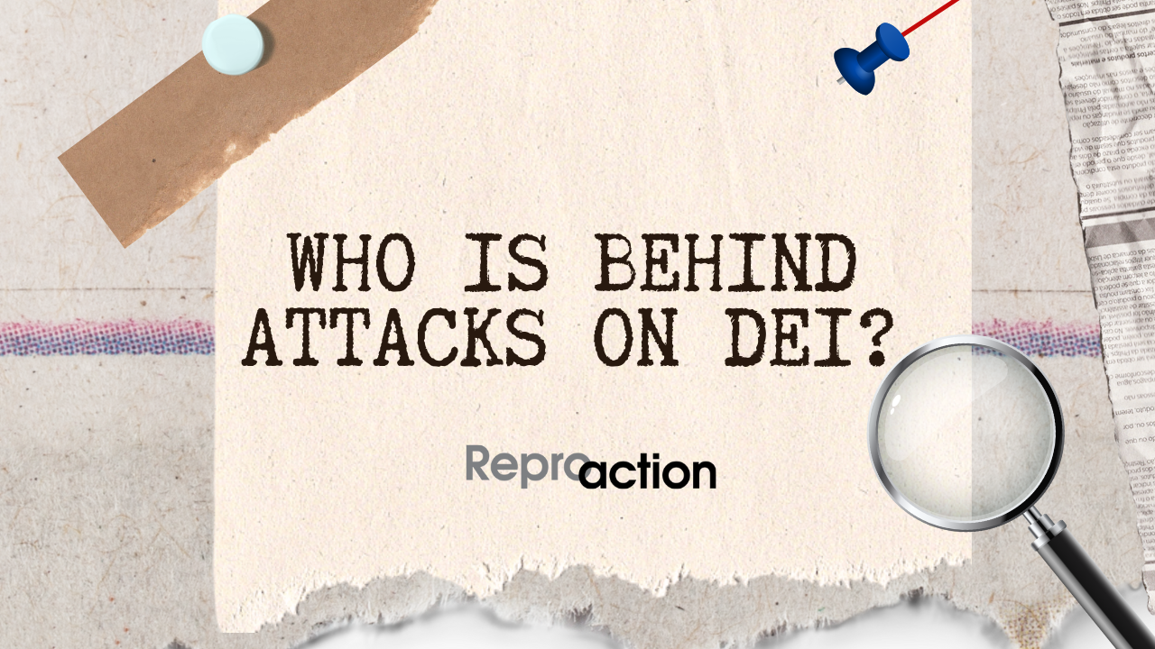 A piece of paper with a magnifying glass reads “Who Is Behind Attacks on DEI below this is the Reproaction logo in grey.