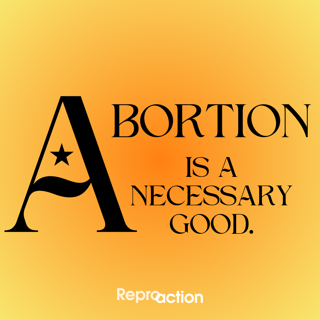 An orange background reads “Abortion is a necessary good” below this is the Reproaction logo in white.