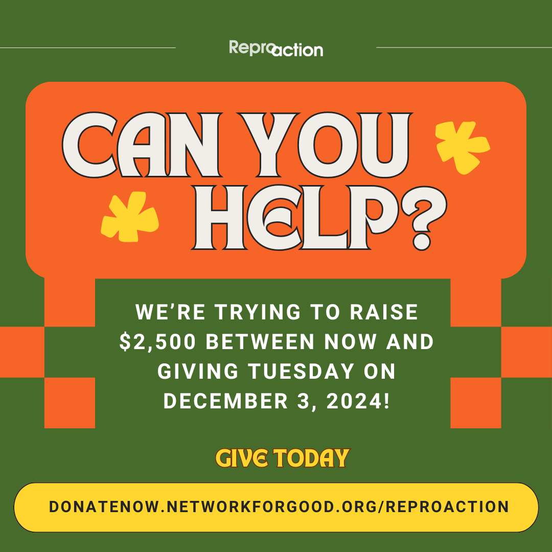 Can you help? We’re trying to raise $2,500 between now Giving Tuesday on December 3, 2024! Give Today! donatenow.networkforgood.org/reproaction. Graphic is on a green background with orange blocks and Reproaction logo.