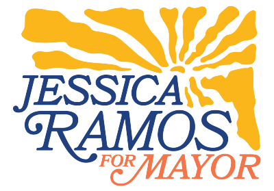 Logo of Jessica Ramos for Mayor with blue text reading Ramos for Mayor and the sun depicted in yellow colors in the top right corner of the image