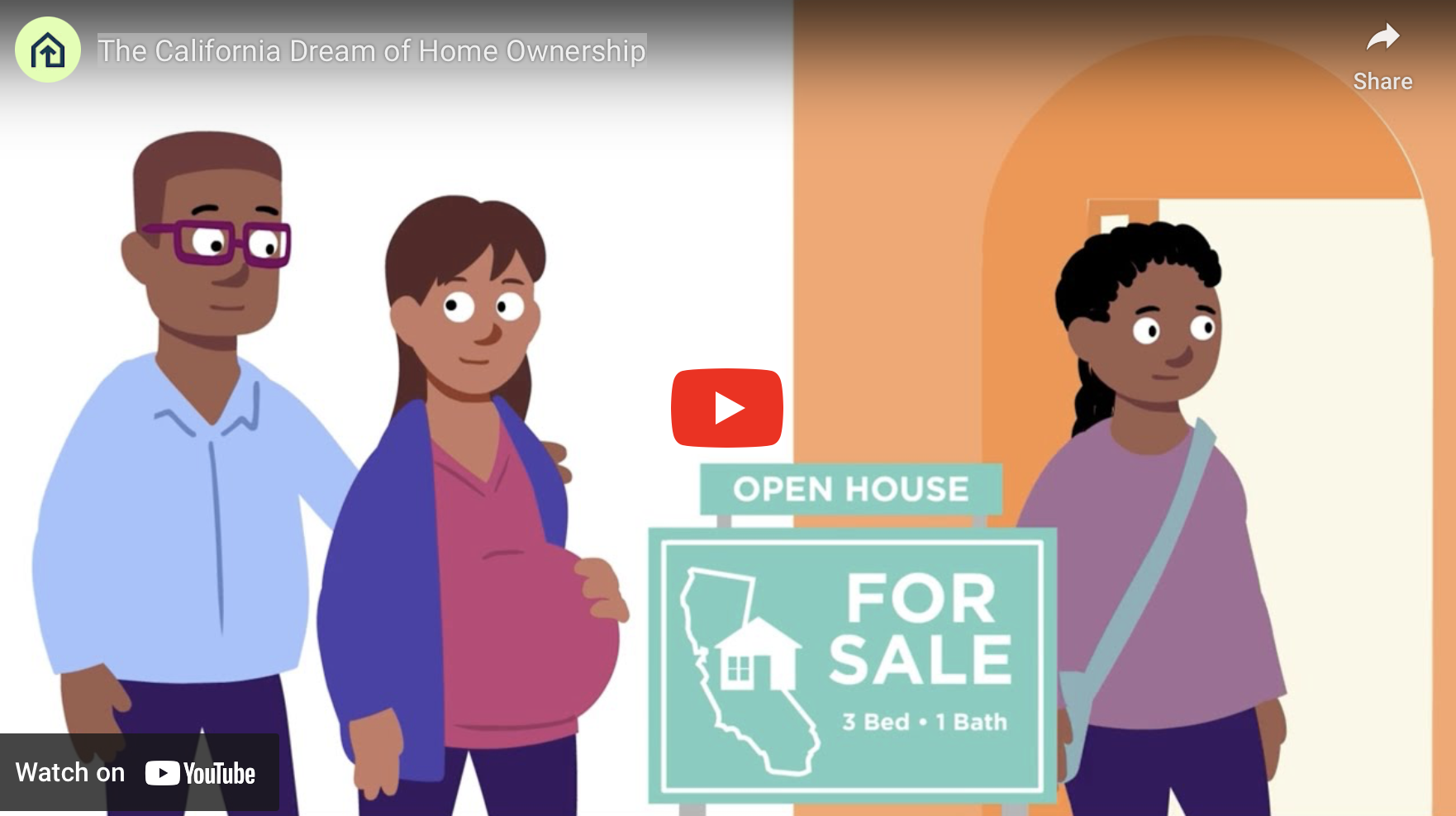 Video still image. Three animated people looking at a home with a For Sale sign.