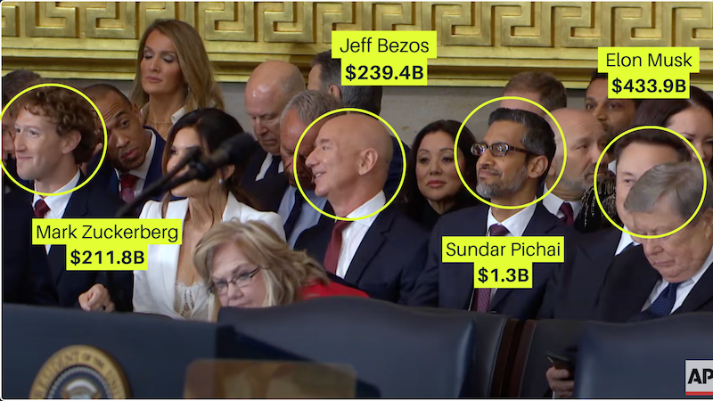 image: Mark Zuckerberg (worth $211.8B), Jeff Bezos (worth $239.4B), Sundar Pichai (worth $1.3B), and Elon Musk (worth $433.9B)