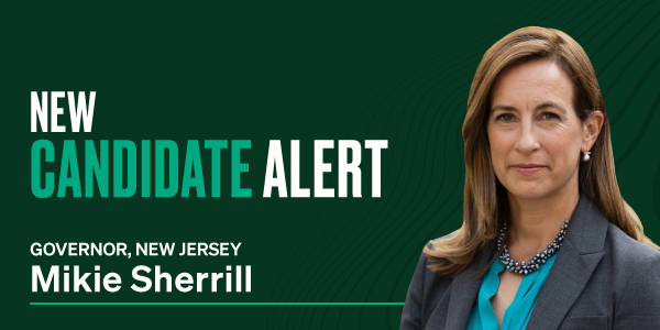 A banner with a green background announcing a new candidate alert. The text reads 'NEW CANDIDATE ALERT' in large white and green letters. Below, it says 'GOVERNOR, NEW JERSEY Mikie Sherrill' in smaller white letters. There is an image of a person with long hair wearing a gray blazer and blue blouse, but the face is obscured by a pixelated block.