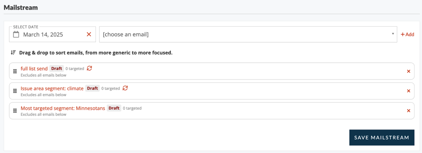 A screenshot of the new Mailstream feature in Action Network