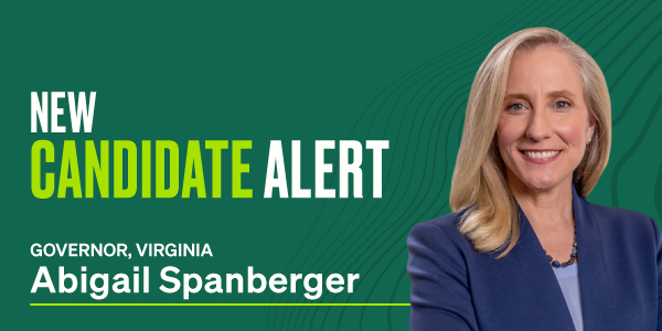 Virginia Representative Abigail Spanberger, a woman with blonde hair wearing a blue blazer, standing against a green background. The text on the graphic reads: 'New Candidate Alert: Governor, Virginia Abigail Spanberger'.