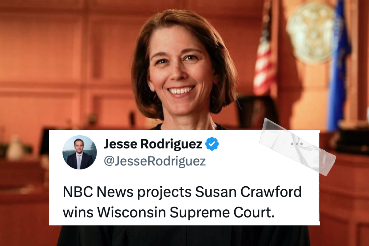 Image of Judge Susan Crawford overlayed with a tweet from Jesse Rodriguez that says "NBC News projects Susan Crawford wins Wisconsin Supreme Court."