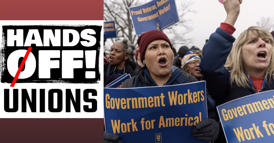 Hands off unions graphic and photo of AFGE activists at a rally